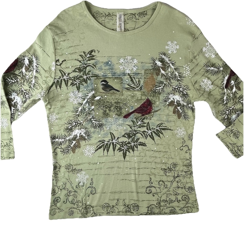 Endless Designs Bird Print Top Womens Small Winter Snowflake Shirt